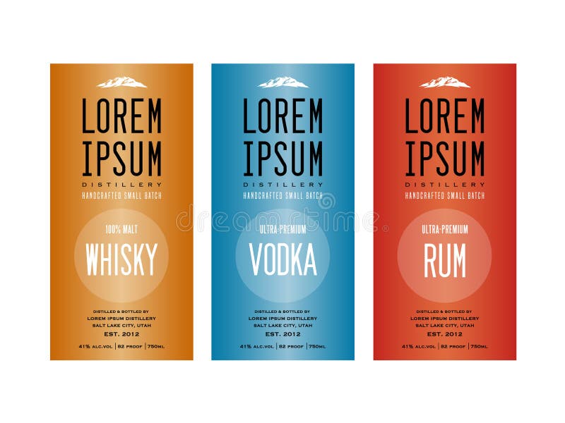 Liquor bottle label designs for vodka, whisky whiskey and rum. Liquor bottle label designs for vodka, whisky whiskey and rum