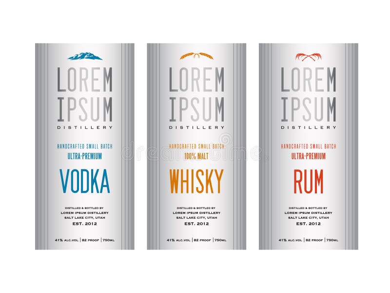 Liquor bottle label designs for vodka, whisky whiskey and rum. Liquor bottle label designs for vodka, whisky whiskey and rum