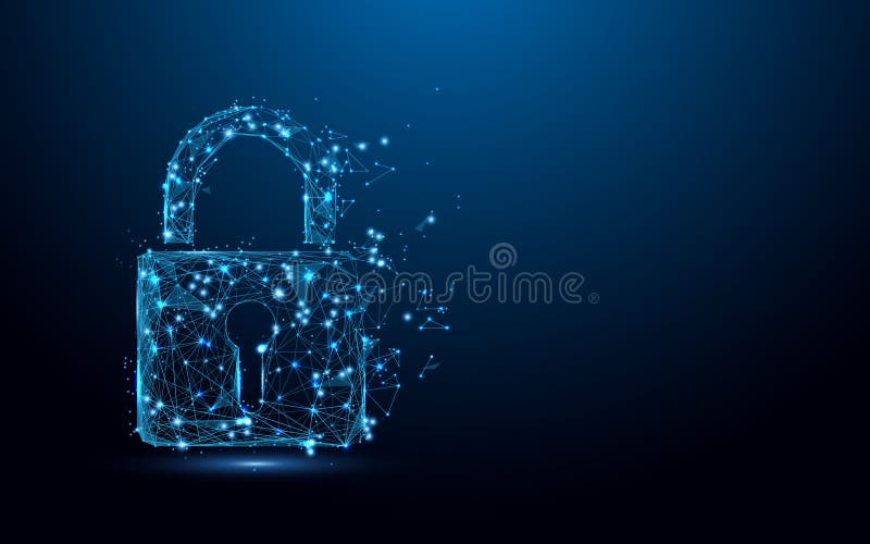 Concepto cibernético de la seguridad Cierre el símbolo de las líneas y de los triángulos, red de conexión del punto en fondo azul