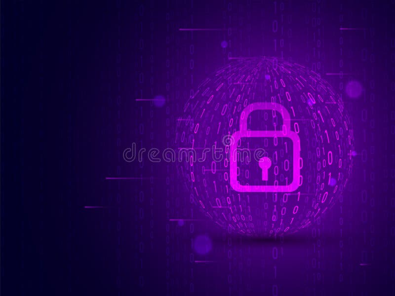 Concepto cibernético de la seguridad con el candado cerrado en fondo púrpura de la codificación de la matriz libre illustration Concepto cibernético de la seguridad con el candado cerrado en fondo púrpura de la codificación de la matriz libre illustration