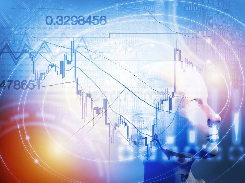Concepto comercial cuantitativo de la acción y de las divisas con inteligencia artificial imágenes de archivo libres de regalías