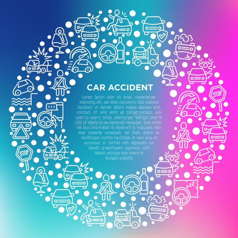 Car accident concept in circle with thin line icons: crashed cars, tow truck, drunk driving, safety belt, traffic offense, car insurance, falling in water, warning triangle. Modern vector illustration. Car accident concept in circle with thin line icons: crashed cars, tow truck, drunk driving, safety belt, traffic offense, car insurance, falling in water, warning triangle. Modern vector illustration.