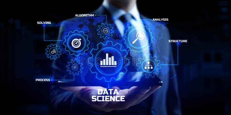 Concepto de análisis de ciencia de datos. empresario pulsando botón en pantalla imágenes de archivo libres de regalías