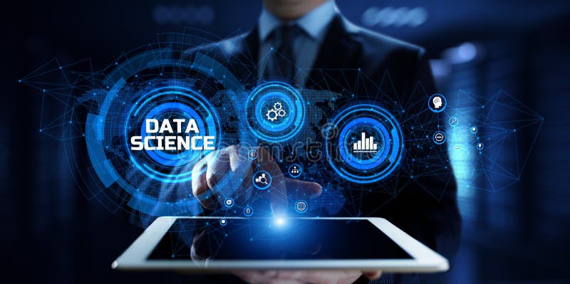 Concepto de análisis de datos. empresario pulsando el botón en pantalla ilustración del vector