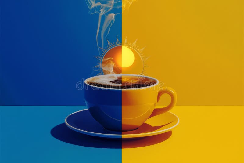 Sunrise and Night Theme Coffee Concept on Color Split Background. AI generated. Sunrise and Night Theme Coffee Concept on Color Split Background. AI generated