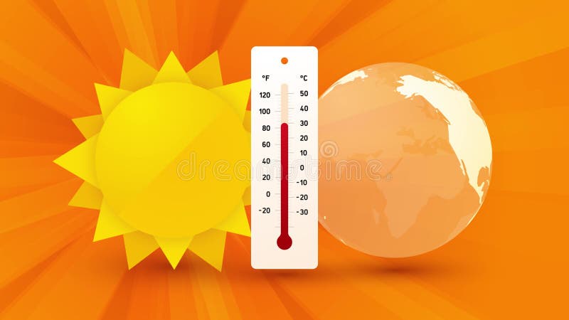 Concepto de calentamiento global del planeta tierra calentado por el sol temperatura en alza en un termómetro libre illustration