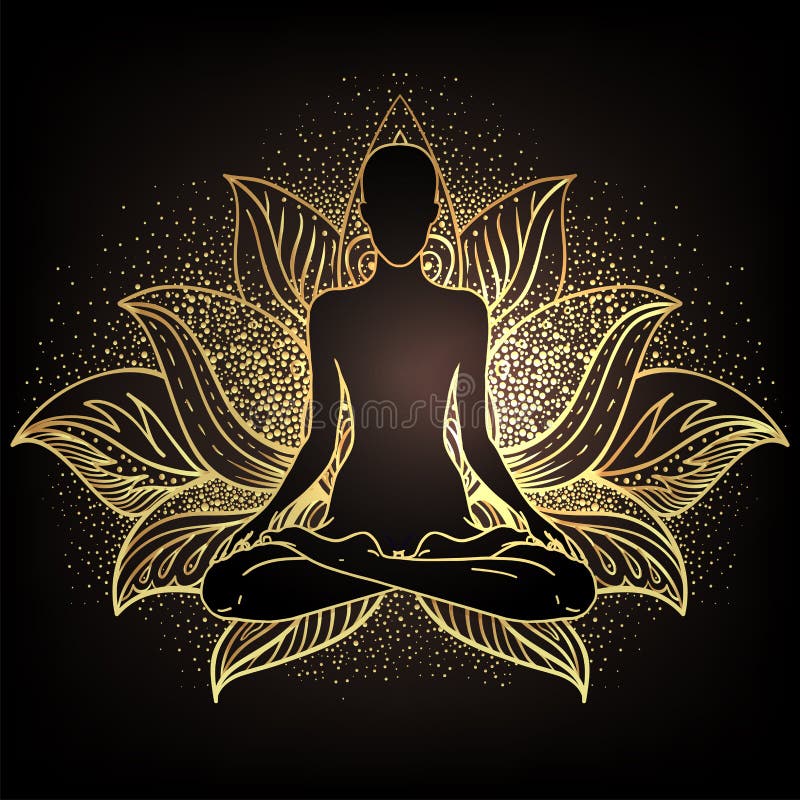 Concepto de Chakra. Amor interior, luz y paz. Silueta de Buda en posiciÃ³n de loto sobre mandala ornamental. IlustraciÃ³n de vecto
