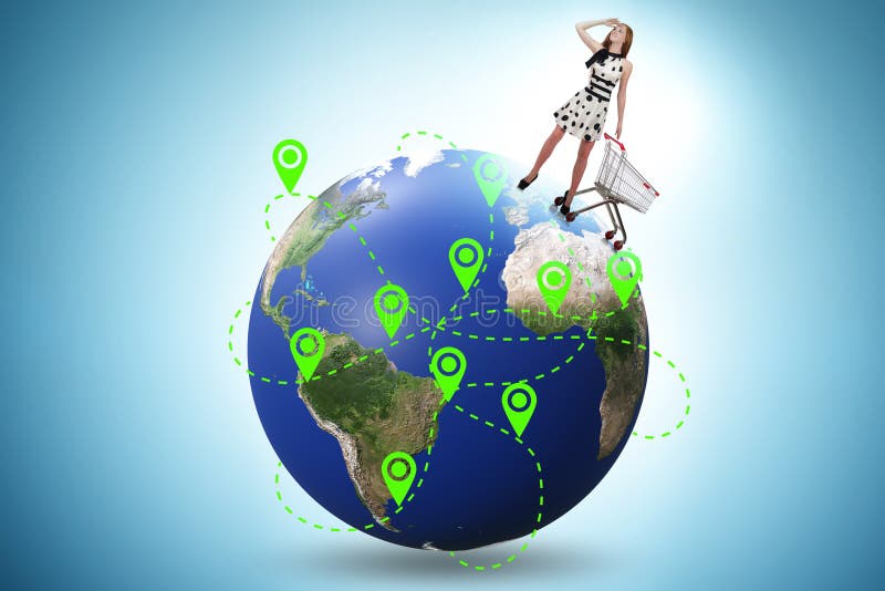 Concepto de compra global con globo y comprador fotografía de archivo