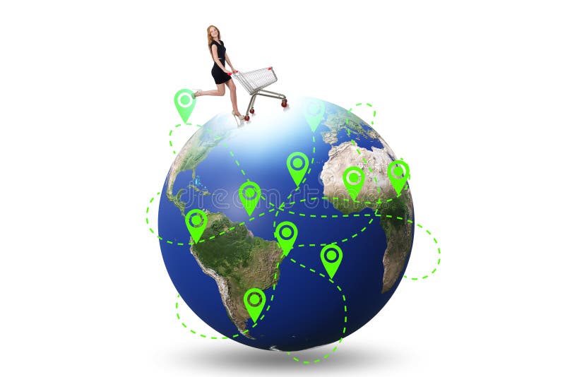 Concepto de compra global con globo y comprador imágenes de archivo libres de regalías