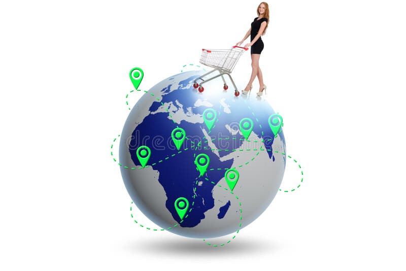 Concepto de compra global con globo y comprador imágenes de archivo libres de regalías