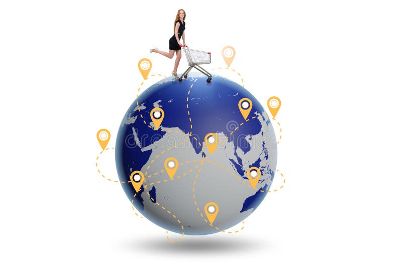Concepto de compra global con globo y comprador fotos de archivo