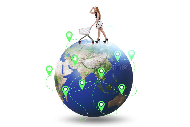 Concepto de compra global con globo y comprador imagen de archivo
