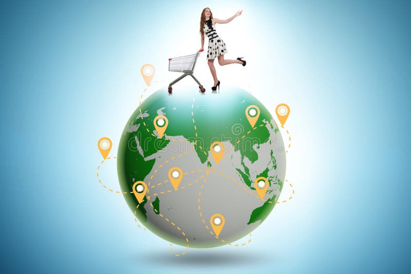 Concepto de compra global con globo y comprador foto de archivo