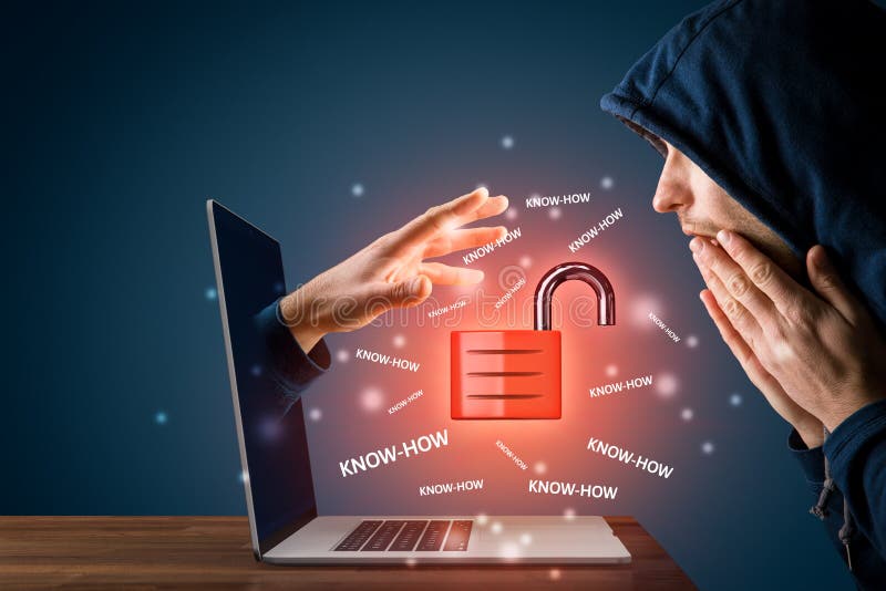 Concepto de conocimientos de las empresas de ciberseguridad con un usuario sorprendido imágenes de archivo libres de regalías