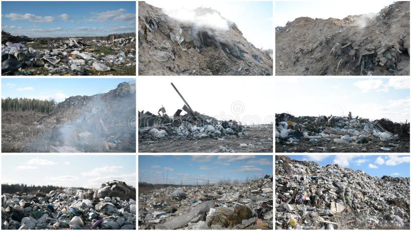 Concepto de contaminación ambiental. collage de videos de volcado de basura almacen de video