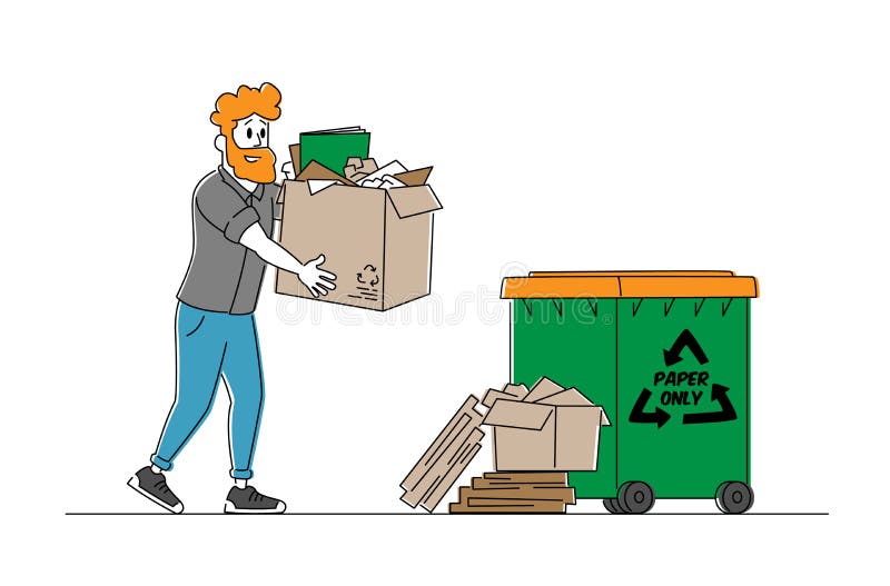 Concepto de contaminación por residuos de papel o reciclados de basura. voluntario joven lleva un montón de caja vieja usada en ca libre illustration