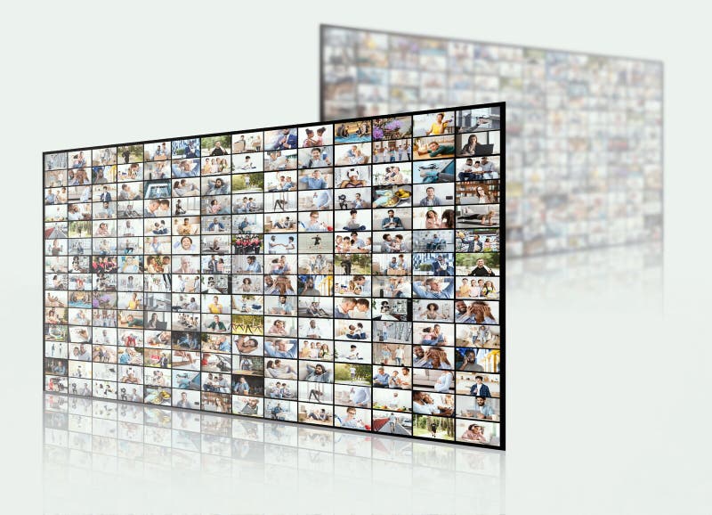 Concepto de difusión y multimedia. pared digital con diferentes canales imágenes de archivo libres de regalías