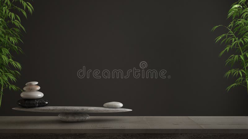 Concepto de diseño interior vacío, shui del feng, idea del zen, tabla de madera del vintage o estante con el equilibrio de piedra stock de ilustración Concepto de diseño interior vacío, shui del feng, idea del zen, tabla de madera del vintage o estante con el equilibrio de piedra stock de ilustración