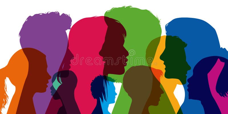 Concepto de diversidad, con las siluetas en colores; mostrar diversos perfiles de hombres jovenes y de mujeres