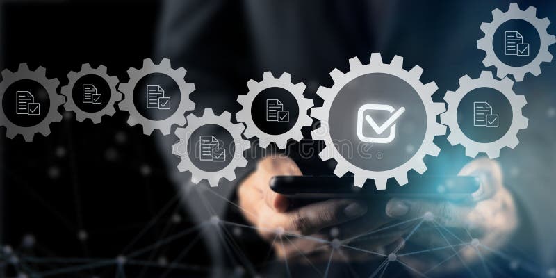 Concepto de DMS del sistema de administración de documentos. Uso de tablet para DMS con una interfaz digital futurista. fotografía de archivo