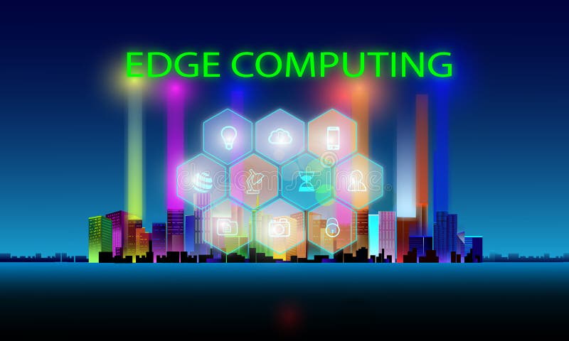 Concepto de edge computing e íconos iot en el fondo de la ciudad libre illustration