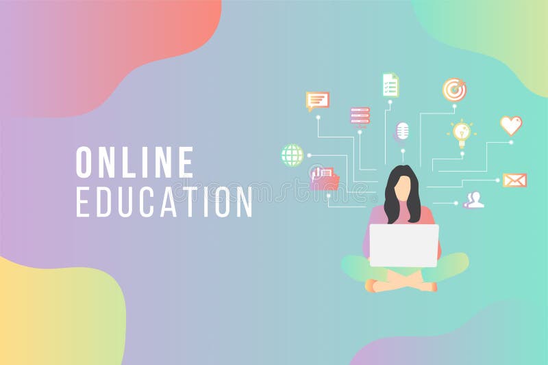 Concepto de educación en línea con colocación de texto escuela aprende a estudiar desde casa a través de teleconferencia web video ilustración del vector