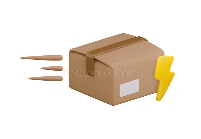Concepto de entrega de carga flash 3d de dibujos animados. Representación 3d realista de la caja de cartón cerrada con el icono de ilustración del vector