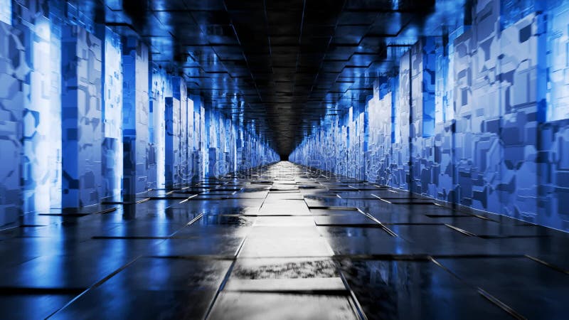 Concepto de fondo abstracto digital. movimiento de la cámara a través de un túnel industrial. conexión y datos de alta velocidad stock de ilustración