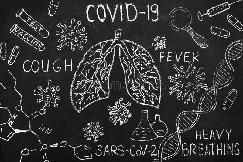 White chalk image of lungs in center of blackboard background. Virus SARS-CoV-2, 2019-nCoV, covid-19, dna chain, pills, test tubes, inscriptions of symptoms are around. Coronavirus pandemic concept. White chalk image of lungs in center of blackboard background. Virus SARS-CoV-2, 2019-nCoV, covid-19, dna chain, pills, test tubes, inscriptions of symptoms are around. Coronavirus pandemic concept