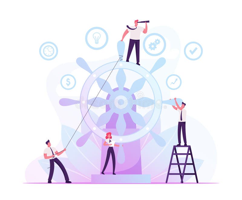 Corporate Governance and Team Work Concept. Group of Businesspeople Trying to Move Huge Steering Wheel under Management of Businessman with Spy Glass Stand on Top. Cartoon Flat Vector Illustration. Corporate Governance and Team Work Concept. Group of Businesspeople Trying to Move Huge Steering Wheel under Management of Businessman with Spy Glass Stand on Top. Cartoon Flat Vector Illustration