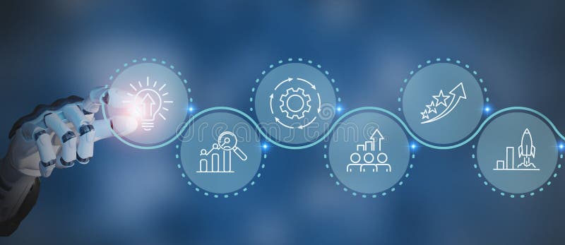 Concepto de innovación y crecimiento de empresas de AIDriven. Una mano robótica interactúa con iconos digitales futuristas foto de archivo