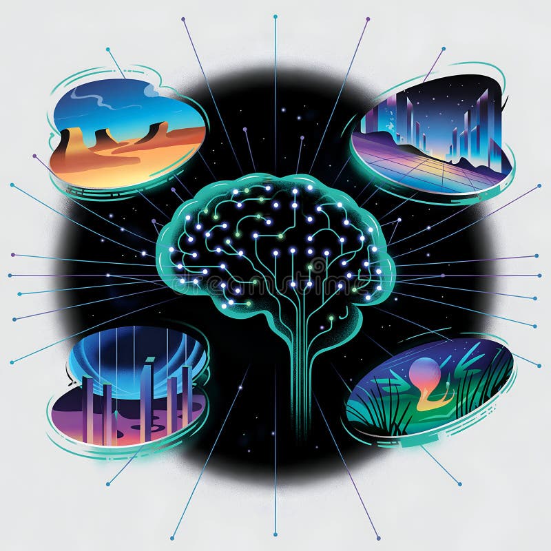 Concepto de inteligencia artificial con paisajes abstractos e ilustración de vector cerebral conectada para tecnología ilustración del vector