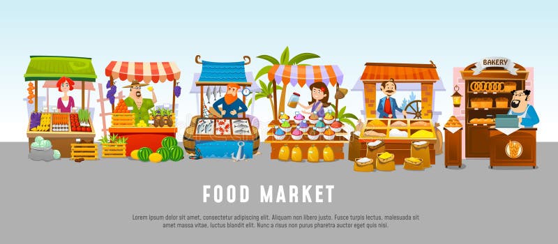 Concepto de la bandera de la historieta del mercado de la comida Ejemplo local del vector del negocio