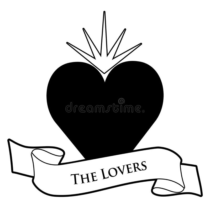 Concepto de la carta de tarot Los amantes Bandera del corazón y del texto aislada en el fondo blanco stock de ilustración Concepto de la carta de tarot Los amantes Bandera del corazón y del texto aislada en el fondo blanco stock de ilustración