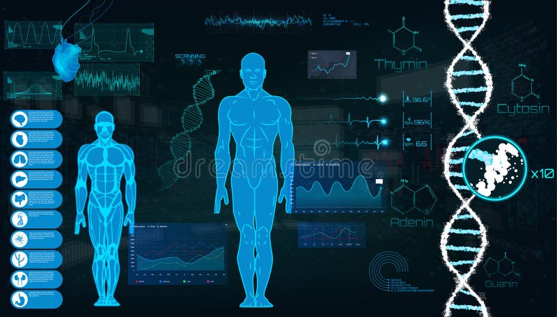 Concepto de la ciencia de los deportes, interfaz futurista del análisis del corazón ilustración del vector Concepto de la ciencia de los deportes, interfaz futurista del análisis del corazón ilustración del vector