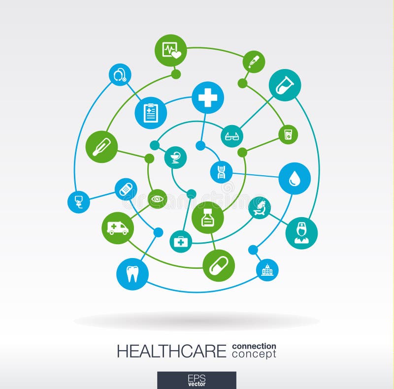 Healthcare connection concept. Abstract background with integrated circles and icons for medical, health, care, medicine, network, social media and global concepts. Vector infographic illustration. Healthcare connection concept. Abstract background with integrated circles and icons for medical, health, care, medicine, network, social media and global concepts. Vector infographic illustration.