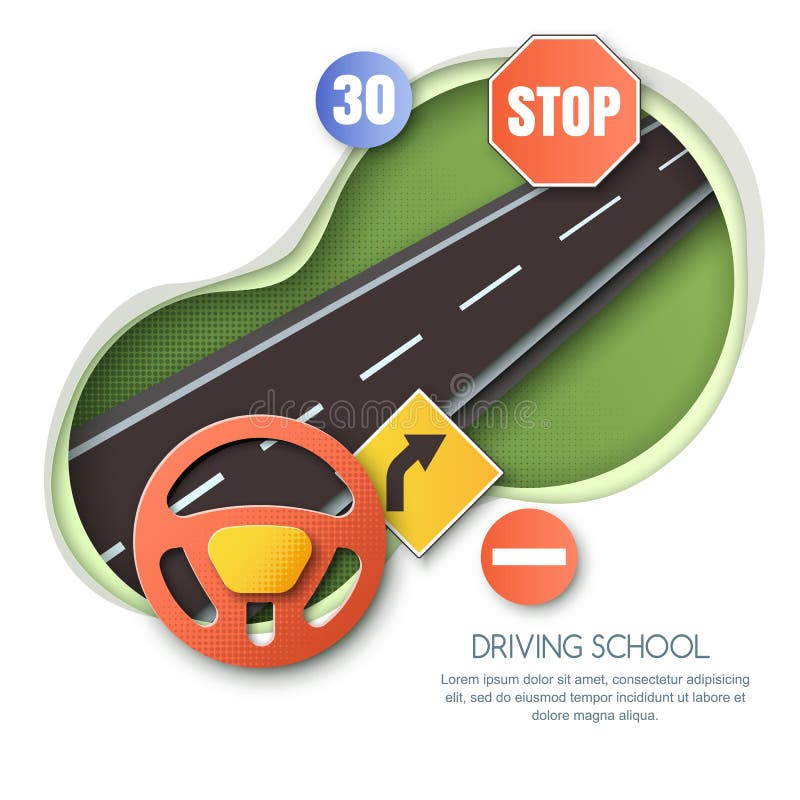Vector driving school concept. Road, car steering wheel, traffic signs paper cut style isolated illustration. Banner, flyer or poster design elements. Vector driving school concept. Road, car steering wheel, traffic signs paper cut style isolated illustration. Banner, flyer or poster design elements.