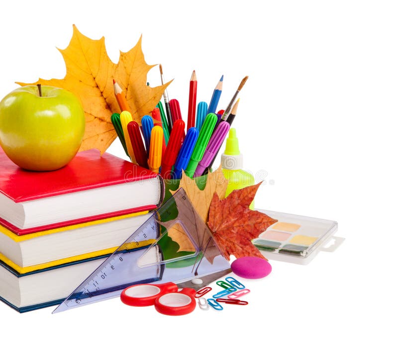 Concepto de la escuela - libros, hojas, manzana y efectos de escritorio aislados encendido fotografía de archivo Concepto de la escuela - libros, hojas, manzana y efectos de escritorio aislados encendido fotografía de archivo