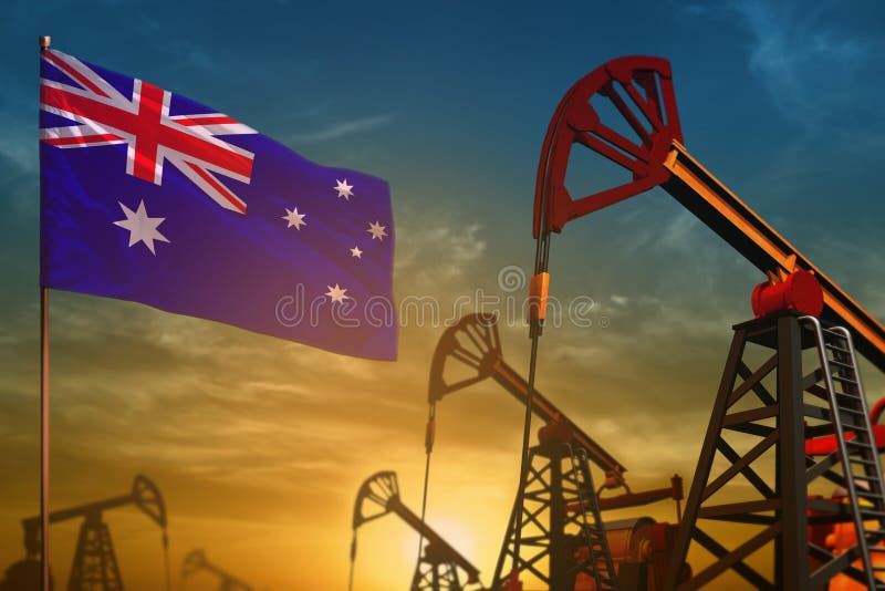 Concepto de la industria de petróleo de Australia Ejemplo industrial - pozos de la bandera y de petróleo de Australia contra el c foto de archivo Concepto de la industria de petróleo de Australia Ejemplo industrial - pozos de la bandera y de petróleo de Australia contra el c foto de archivo