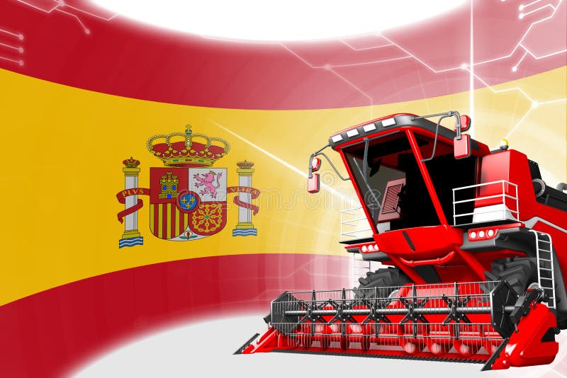 Concepto de la innovación de la agricultura, máquina segadora avanzada roja de grano en la bandera de España - ejemplo industrial ilustración del vector Concepto de la innovación de la agricultura, máquina segadora avanzada roja de grano en la bandera de España - ejemplo industrial ilustración del vector