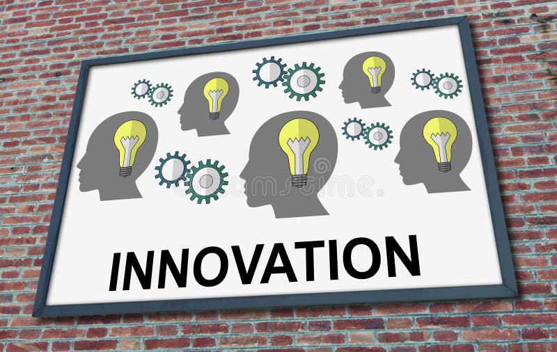 Innovation concept drawn on a billboard fixed on a brick wall. Innovation concept drawn on a billboard fixed on a brick wall