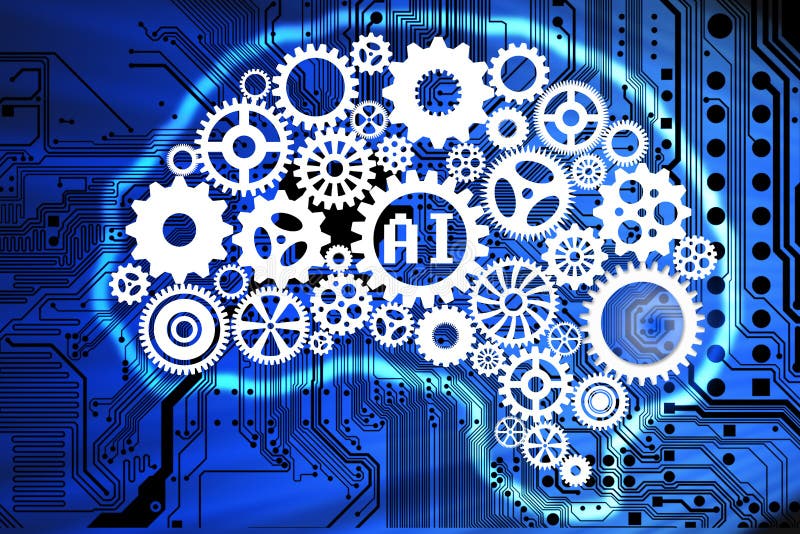 Artificial intelligence concept with human brain shape from white gears on computer motherboard background. Artificial intelligence concept with human brain shape from white gears on computer motherboard background