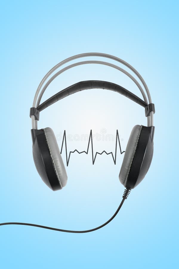 Concepto de la m?sica del amor Auriculares negros inalámbricos con el cardiograma aislado en fondo azul stock de ilustración Concepto de la m?sica del amor Auriculares negros inalámbricos con el cardiograma aislado en fondo azul stock de ilustración