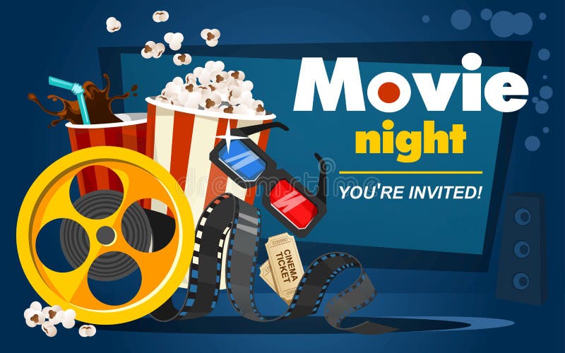 Concepto de la noche de película con las palomitas, boletos del cine, bebida, cinta en estilo de la historieta Película o diseño