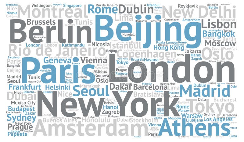 Concepto de la nube de la palabra de los destinos de las ciudades del viaje stock de ilustración Concepto de la nube de la palabra de los destinos de las ciudades del viaje stock de ilustración