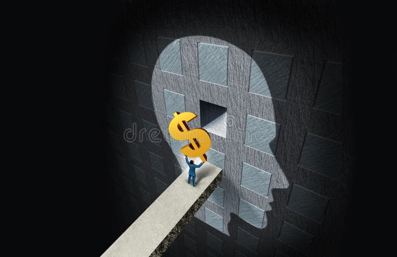 Business psychology concept and wealth thinking or financial education and psychiatry or psychologist fees symbol with 3D illustration elements. Business psychology concept and wealth thinking or financial education and psychiatry or psychologist fees symbol with 3D illustration elements.