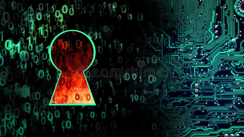 Flame of fire in the keyhole with a binary code on the background of the motherboard as a concept of cyber security. Flame of fire in the keyhole with a binary code on the background of the motherboard as a concept of cyber security