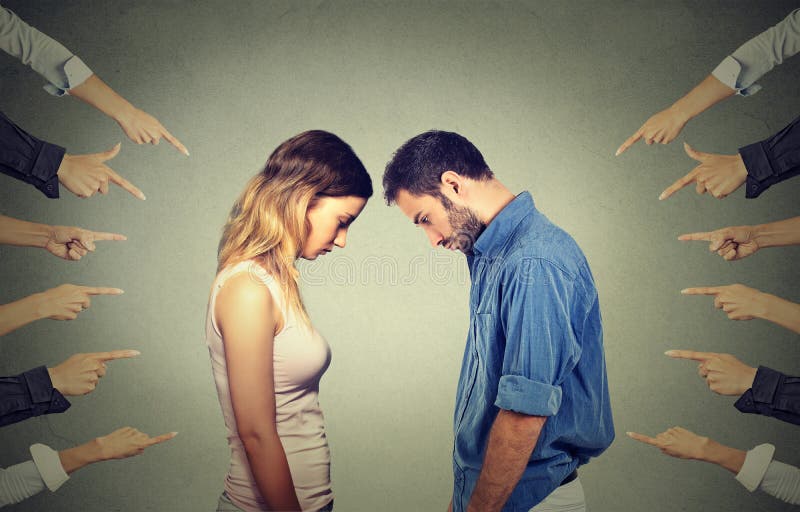 Marriage relationship difficulties concept. Accusation of guilty people. Side profile sad upset women and men looking down many fingers pointing at their back. Negative emotions feelings. Marriage relationship difficulties concept. Accusation of guilty people. Side profile sad upset women and men looking down many fingers pointing at their back. Negative emotions feelings