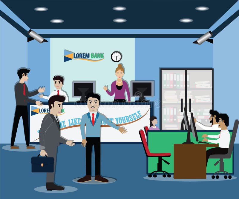 Concepto de las finanzas del negocio, estancia en el banco - vector del hombre de negocios stock de ilustración Concepto de las finanzas del negocio, estancia en el banco - vector del hombre de negocios stock de ilustración