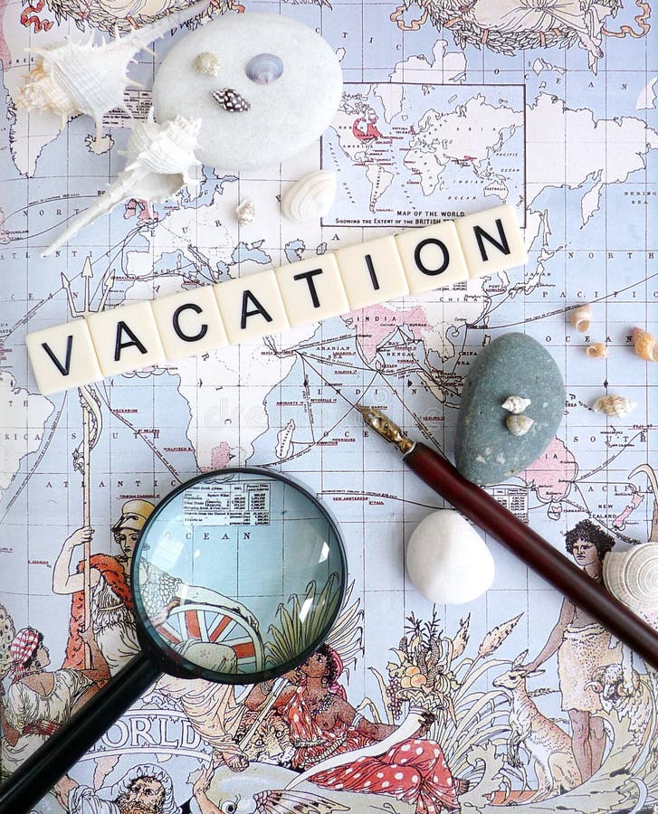 A conceptual photograph of the word vacation, placed on an antique world map, and taken with old calligraphy pen, sea shells, pebbles and magnifying glass. Travel and vacation getaway concept picture. Vertical colors image, nobody in picture. A conceptual photograph of the word vacation, placed on an antique world map, and taken with old calligraphy pen, sea shells, pebbles and magnifying glass. Travel and vacation getaway concept picture. Vertical colors image, nobody in picture.